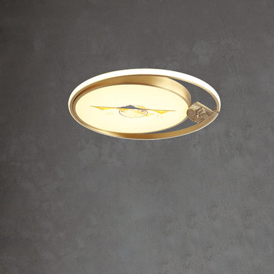 Traditional Chinese Round Feathers Magpie Lotus Fan Acrylic Copper LED Flush Mount Ceiling Light For Bedroom