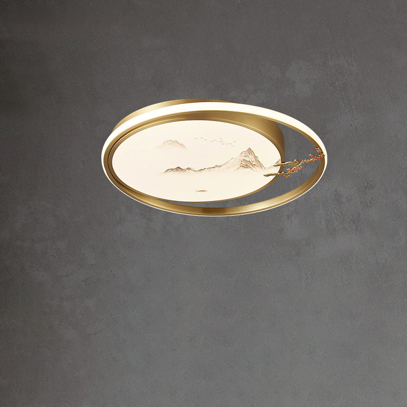 Traditional Chinese Round Feathers Magpie Lotus Fan Acrylic Copper LED Flush Mount Ceiling Light For Bedroom