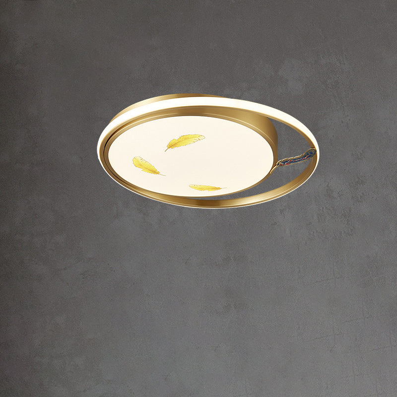 Traditional Chinese Round Feathers Magpie Lotus Fan Acrylic Copper LED Flush Mount Ceiling Light For Bedroom