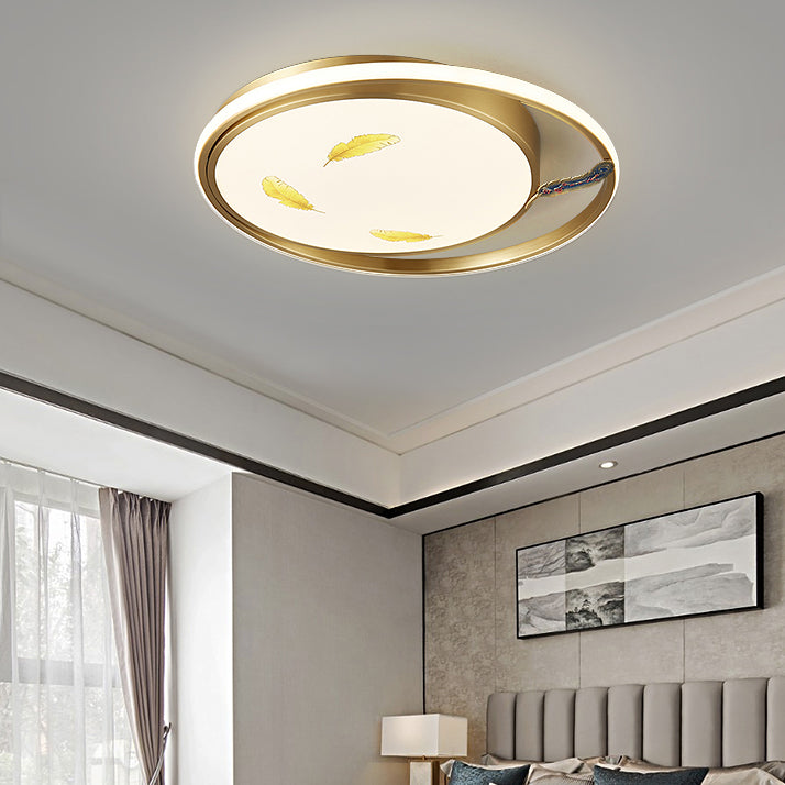 Traditional Chinese Round Feathers Magpie Lotus Fan Acrylic Copper LED Flush Mount Ceiling Light For Bedroom