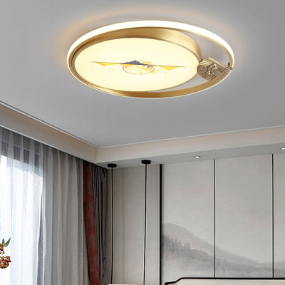 Traditional Chinese Round Feathers Magpie Lotus Fan Acrylic Copper LED Flush Mount Ceiling Light For Bedroom
