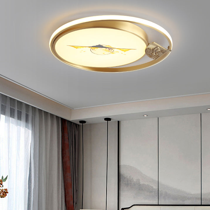 Traditional Chinese Round Feathers Magpie Lotus Fan Acrylic Copper LED Flush Mount Ceiling Light For Bedroom