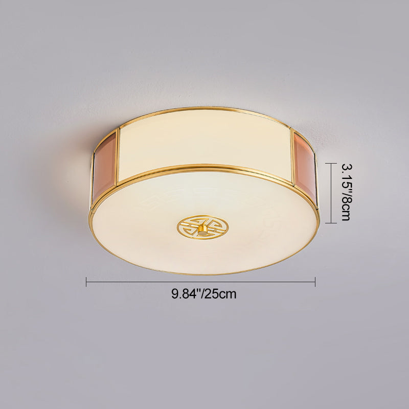 Traditional Chinese Round Glass Iron Copper LED Flush Mount Ceiling Light For Bedroom