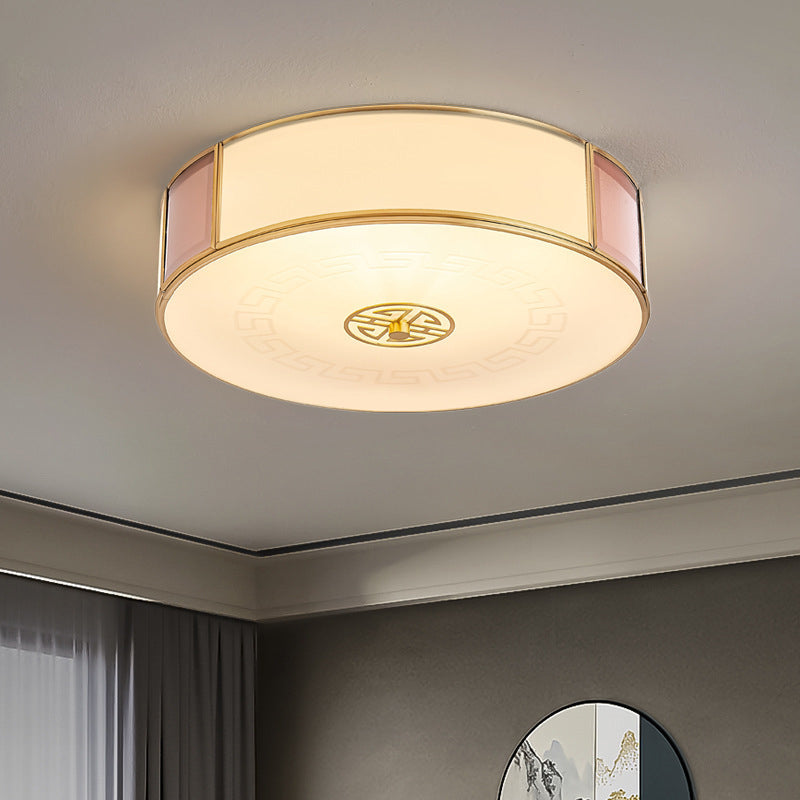 Traditional Chinese Round Glass Iron Copper LED Flush Mount Ceiling Light For Bedroom