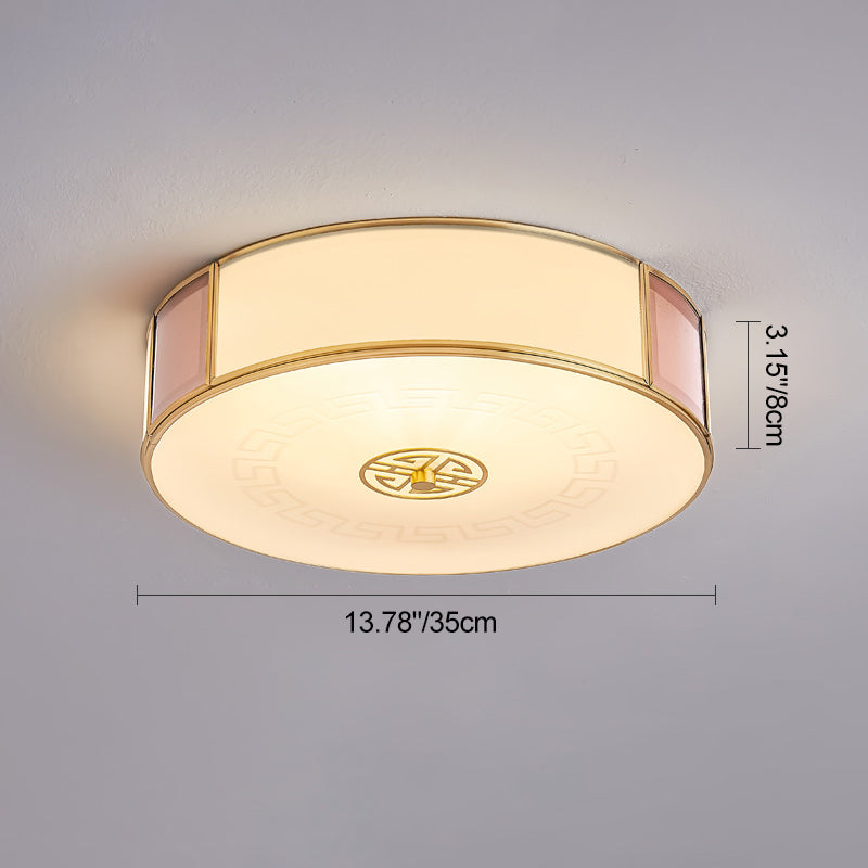 Traditional Chinese Round Glass Iron Copper LED Flush Mount Ceiling Light For Bedroom