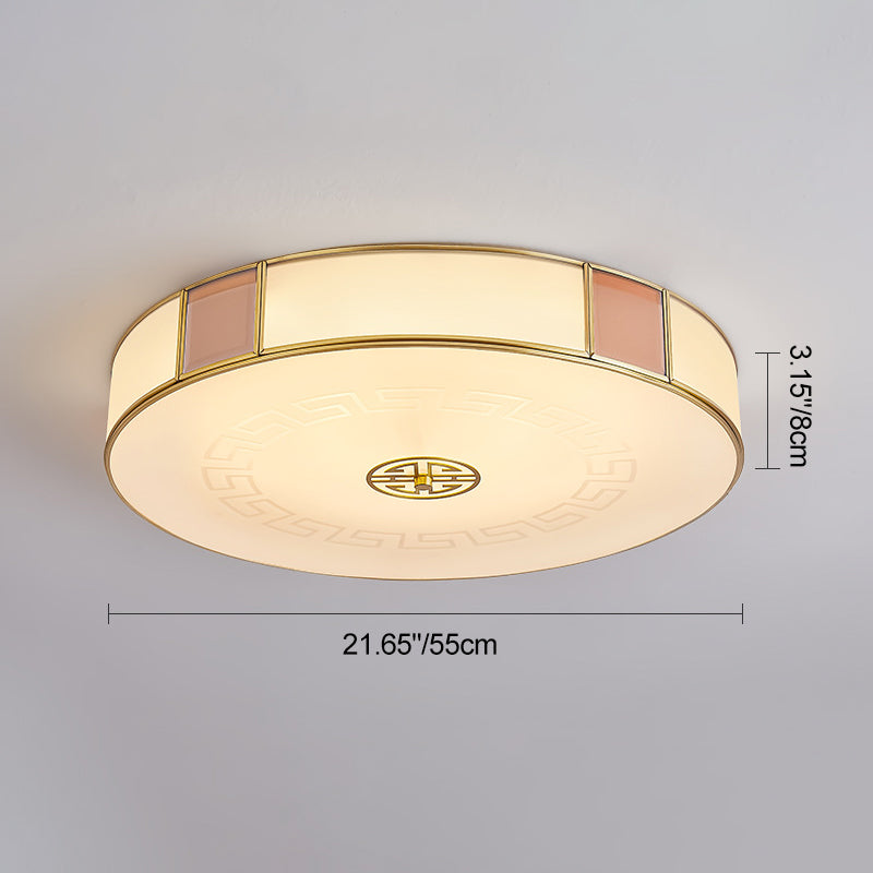 Traditional Chinese Round Glass Iron Copper LED Flush Mount Ceiling Light For Bedroom