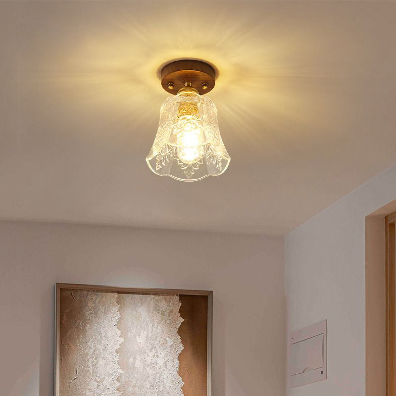 Traditional French Dome Transparent Walnut Glass Copper 1 - Light Semi-Flush Mount Ceiling Light For Hallways