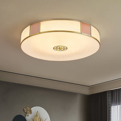 Traditional Chinese Round Glass Iron Copper LED Flush Mount Ceiling Light For Bedroom