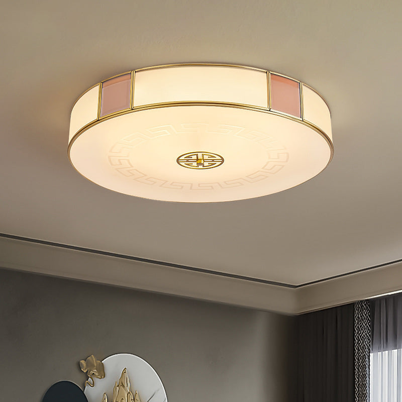Traditional Chinese Round Glass Iron Copper LED Flush Mount Ceiling Light For Bedroom