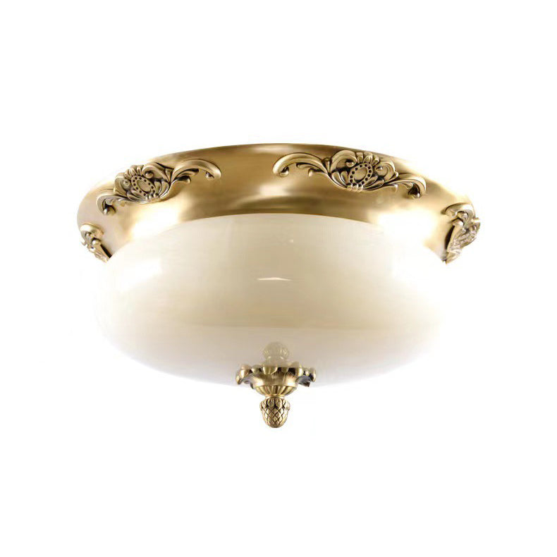 Traditional European Oval Carved Jade Copper LED Flush Mount Ceiling Light For Bedroom
