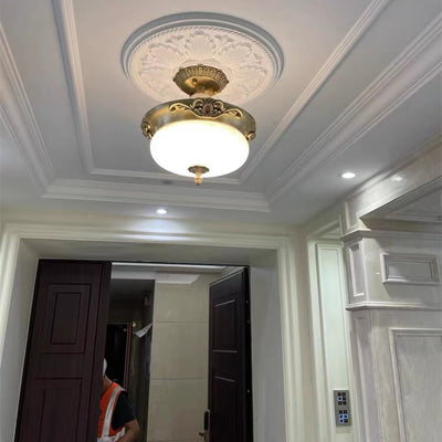 Luz de techo semiempotrada de jade de cobre tallado ovalado tradicional europeo LED para sala de estar 