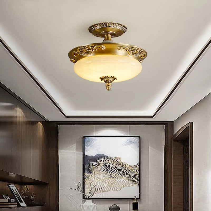 Luz de techo semiempotrada de jade de cobre tallado ovalado tradicional europeo LED para sala de estar 