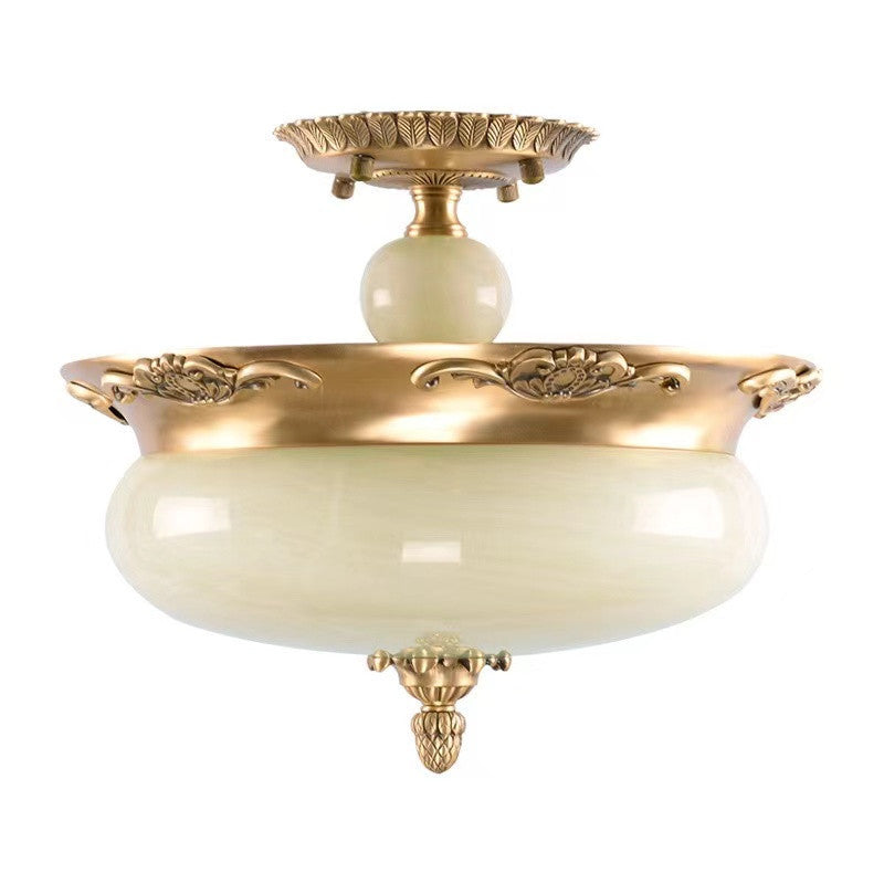 Luz de techo semiempotrada de jade de cobre tallado ovalado tradicional europeo LED para sala de estar 
