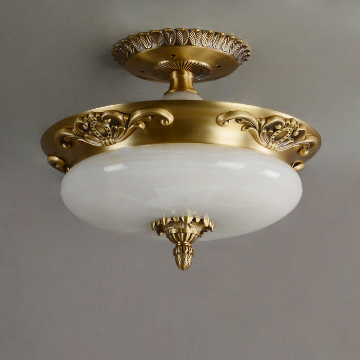 Luz de techo semiempotrada de jade de cobre tallado ovalado tradicional europeo LED para sala de estar 
