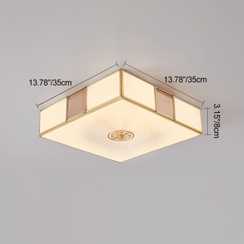 Traditional Chinese Square Lattice Glass Iron Copper LED Flush Mount Ceiling Light For Bedroom
