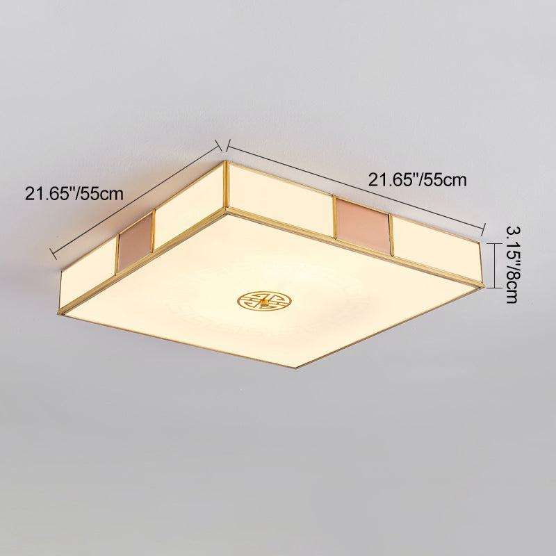 Traditional Chinese Square Lattice Glass Iron Copper LED Flush Mount Ceiling Light For Bedroom