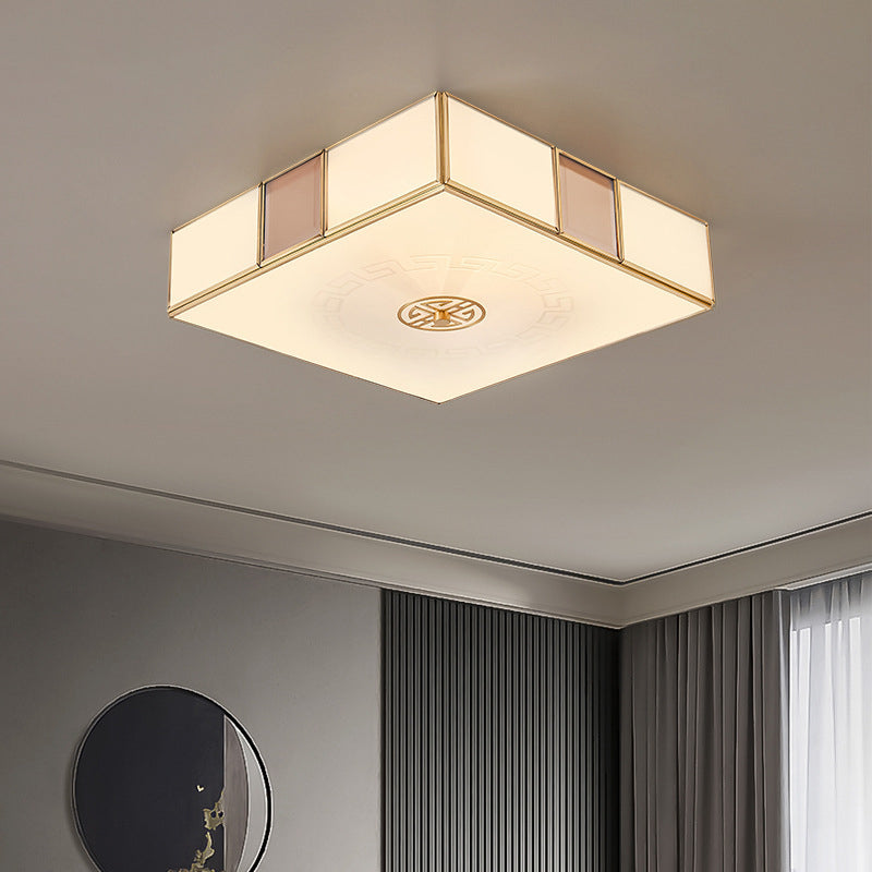Traditional Chinese Square Lattice Glass Iron Copper LED Flush Mount Ceiling Light For Bedroom