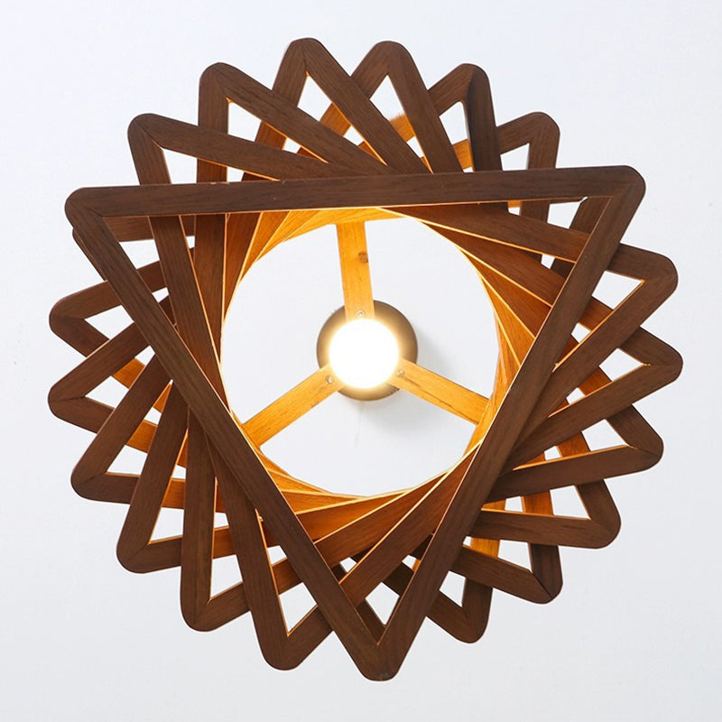 Traditional Japanese Dome Stacked Triangles Oak Iron 1 - Light Pendant Light For Dining Room