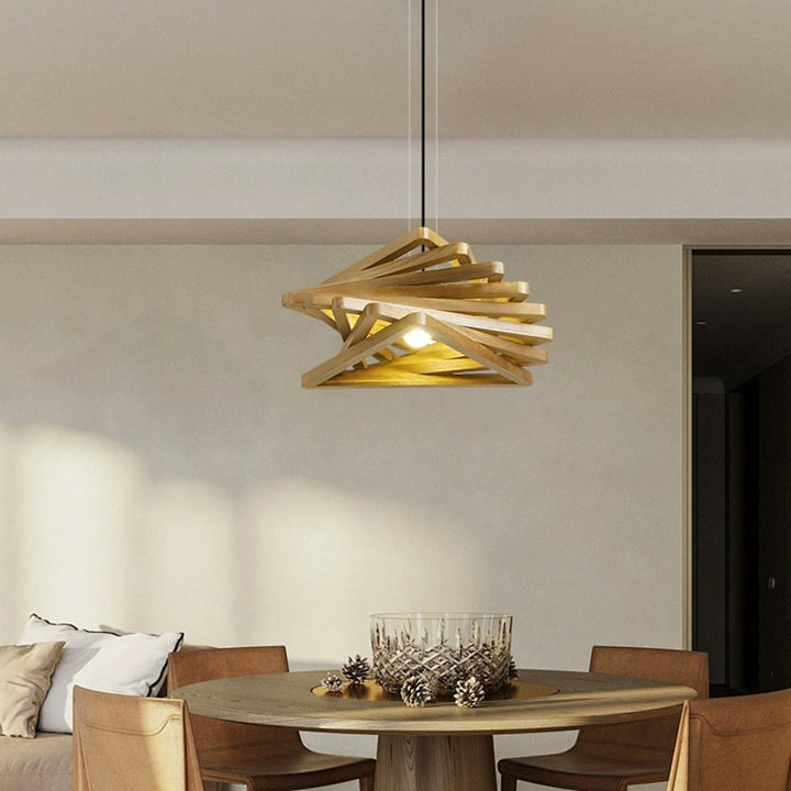 Traditional Japanese Dome Stacked Triangles Oak Iron 1 - Light Pendant Light For Dining Room