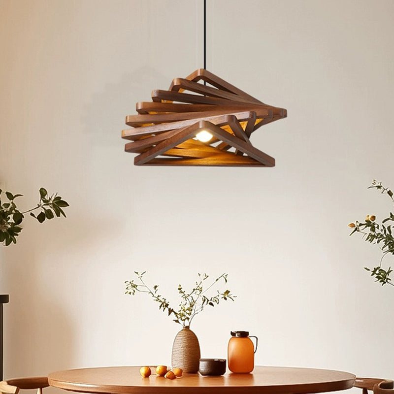 Traditional Japanese Dome Stacked Triangles Oak Iron 1 - Light Pendant Light For Dining Room