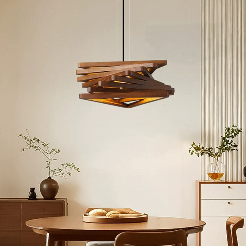 Traditional Japanese Dome Stacked Triangles Oak Iron 1 - Light Pendant Light For Dining Room