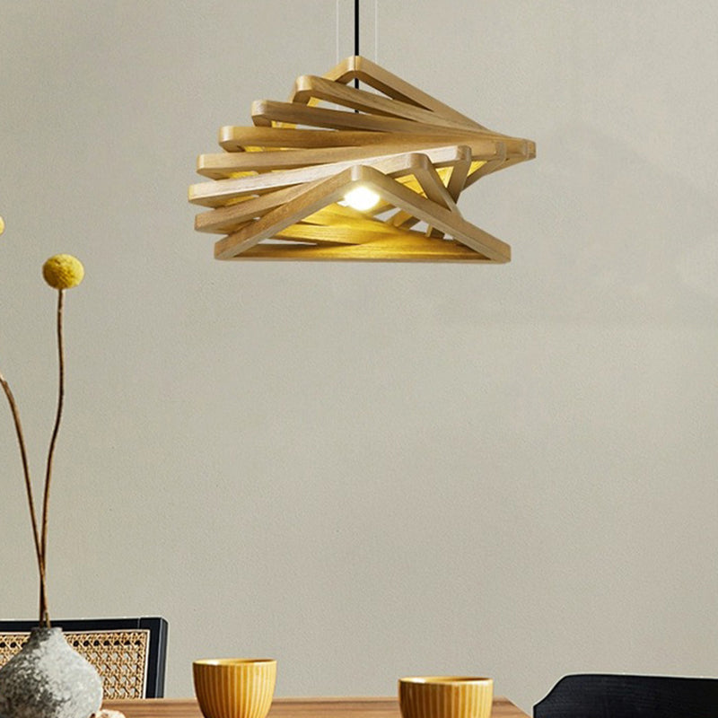 Traditional Japanese Dome Stacked Triangles Oak Iron 1 - Light Pendant Light For Dining Room