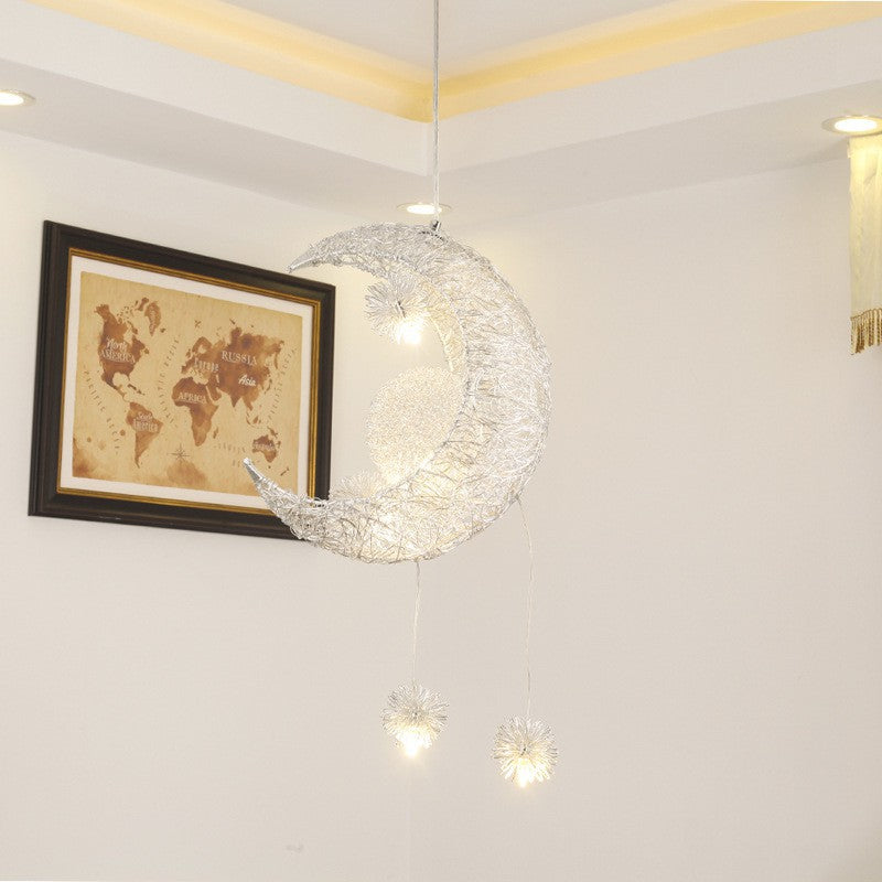 Contemporary Creative Dome Moon Aluminum Wire Hardware 6 - Light Pendant Light For Bedroom