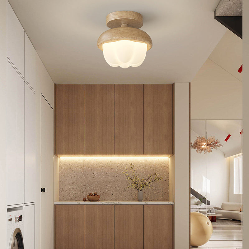 Traditional Japanese Dome Bud Rubber Wood PE LED Semi-Flush Mount Ceiling Light For Hallways