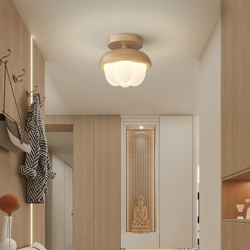 Traditional Japanese Dome Bud Rubber Wood PE LED Semi-Flush Mount Ceiling Light For Hallways