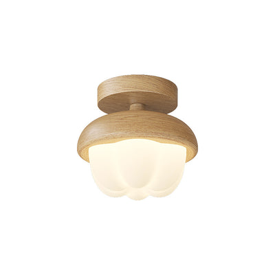 Traditional Japanese Dome Bud Rubber Wood PE LED Semi-Flush Mount Ceiling Light For Hallways