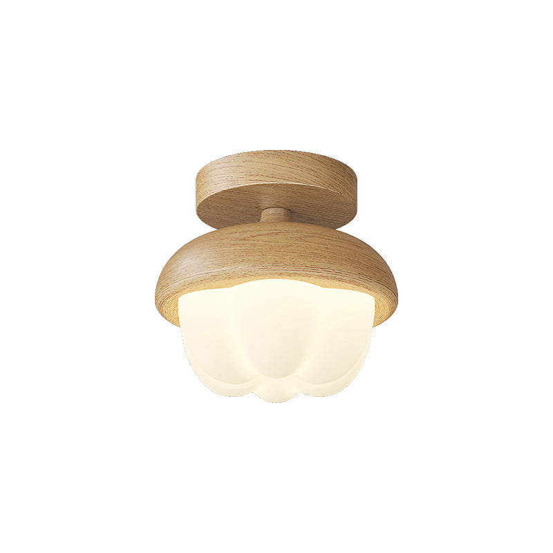Traditional Japanese Dome Bud Rubber Wood PE LED Semi-Flush Mount Ceiling Light For Hallways