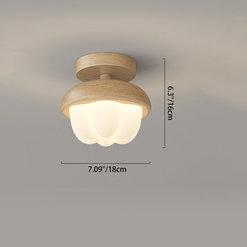Traditional Japanese Dome Bud Rubber Wood PE LED Semi-Flush Mount Ceiling Light For Hallways