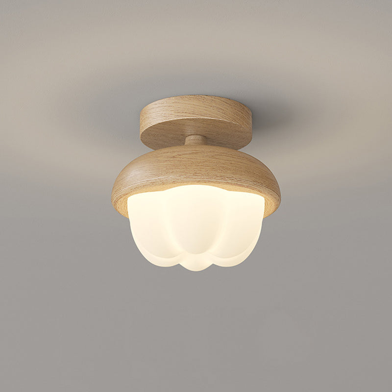 Traditional Japanese Dome Bud Rubber Wood PE LED Semi-Flush Mount Ceiling Light For Hallways