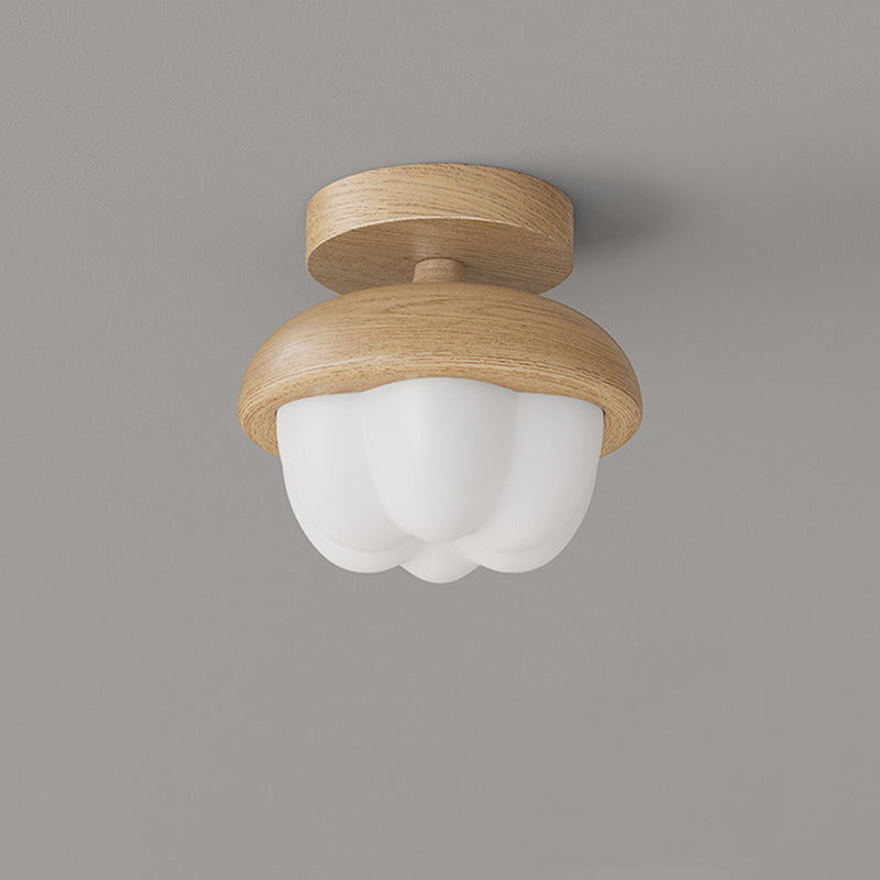 Traditional Japanese Dome Bud Rubber Wood PE LED Semi-Flush Mount Ceiling Light For Hallways