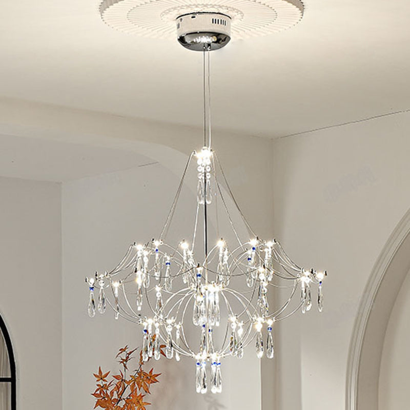 Traditionelle französische Kuppelzweig-Wassertropfen-Kristall-Edelstahl-Hardware-LED-Kronleuchter für Wohnzimmer 