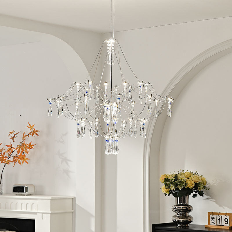 Traditionelle französische Kuppelzweig-Wassertropfen-Kristall-Edelstahl-Hardware-LED-Kronleuchter für Wohnzimmer 