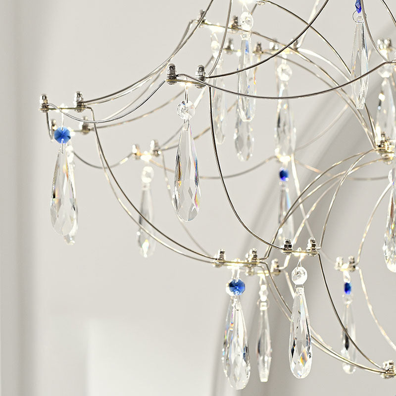 Traditionelle französische Kuppelzweig-Wassertropfen-Kristall-Edelstahl-Hardware-LED-Kronleuchter für Wohnzimmer 