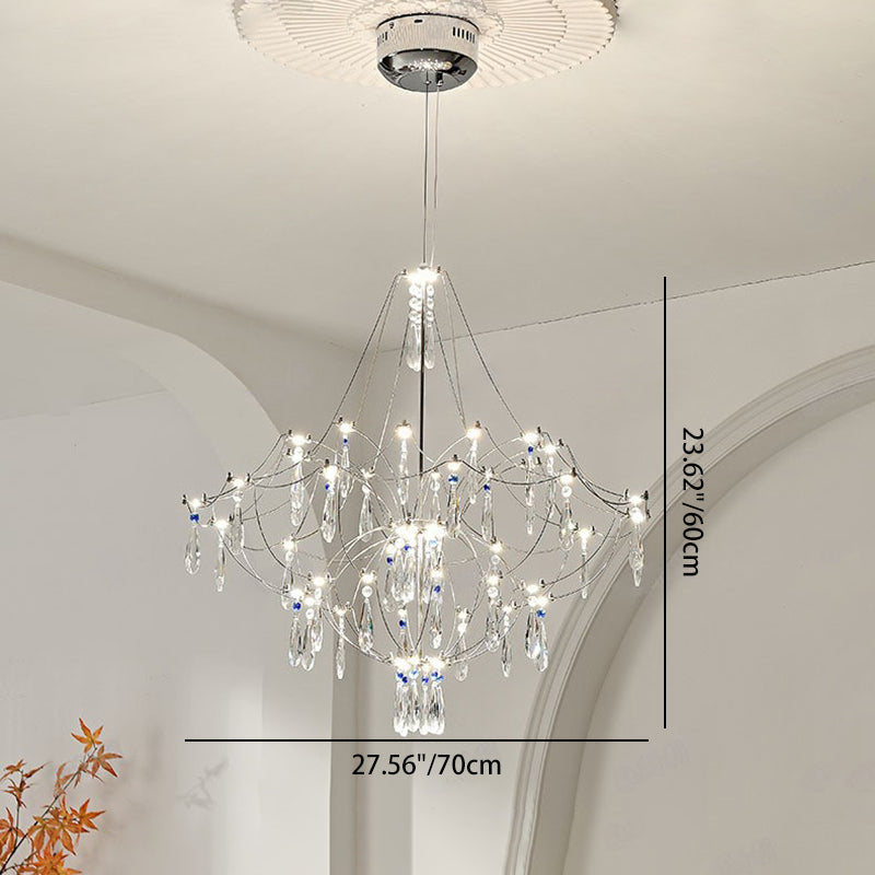 Traditionelle französische Kuppelzweig-Wassertropfen-Kristall-Edelstahl-Hardware-LED-Kronleuchter für Wohnzimmer 