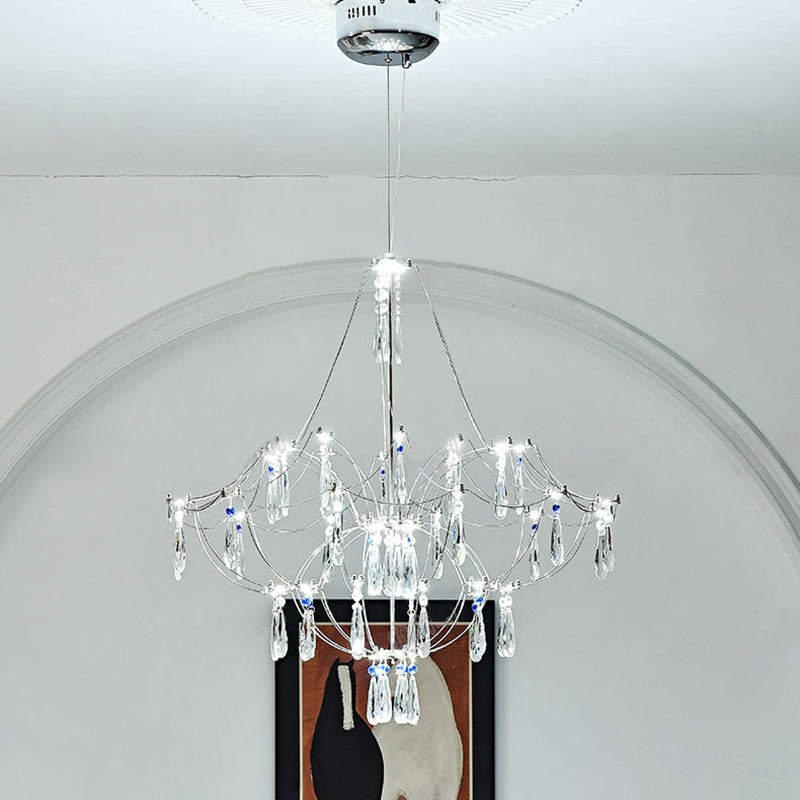 Traditionelle französische Kuppelzweig-Wassertropfen-Kristall-Edelstahl-Hardware-LED-Kronleuchter für Wohnzimmer 