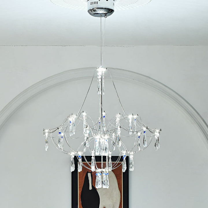 Traditionelle französische Kuppelzweig-Wassertropfen-Kristall-Edelstahl-Hardware-LED-Kronleuchter für Wohnzimmer 