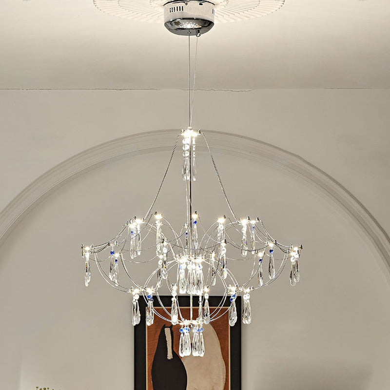 Traditionelle französische Kuppelzweig-Wassertropfen-Kristall-Edelstahl-Hardware-LED-Kronleuchter für Wohnzimmer 