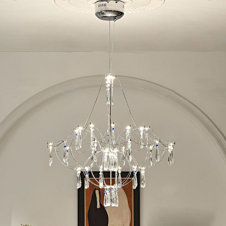 Traditionelle französische Kuppelzweig-Wassertropfen-Kristall-Edelstahl-Hardware-LED-Kronleuchter für Wohnzimmer 