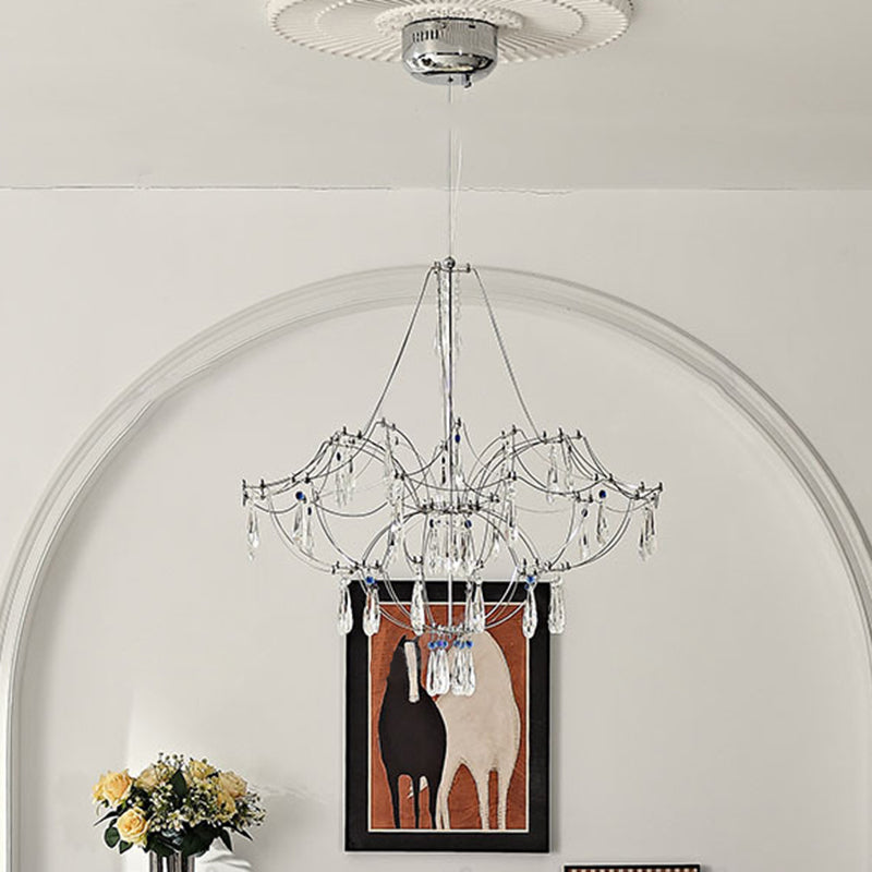 Traditionelle französische Kuppelzweig-Wassertropfen-Kristall-Edelstahl-Hardware-LED-Kronleuchter für Wohnzimmer 