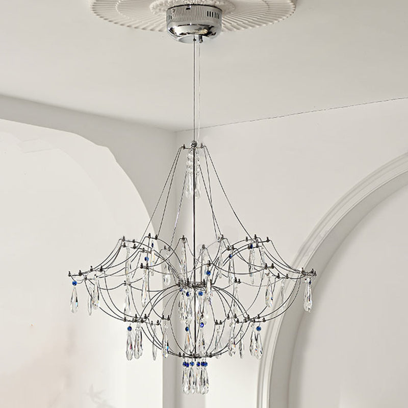 Traditionelle französische Kuppelzweig-Wassertropfen-Kristall-Edelstahl-Hardware-LED-Kronleuchter für Wohnzimmer 
