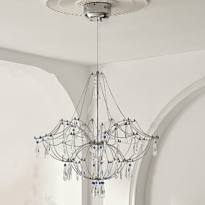 Traditionelle französische Kuppelzweig-Wassertropfen-Kristall-Edelstahl-Hardware-LED-Kronleuchter für Wohnzimmer 