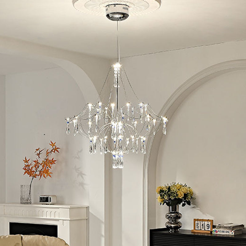 Traditionelle französische Kuppelzweig-Wassertropfen-Kristall-Edelstahl-Hardware-LED-Kronleuchter für Wohnzimmer 