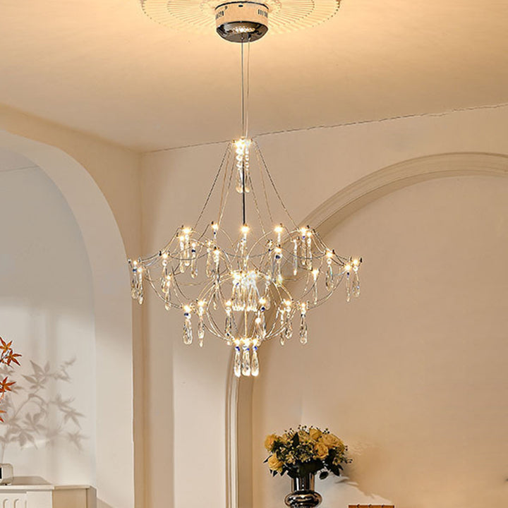 Traditionelle französische Kuppelzweig-Wassertropfen-Kristall-Edelstahl-Hardware-LED-Kronleuchter für Wohnzimmer 