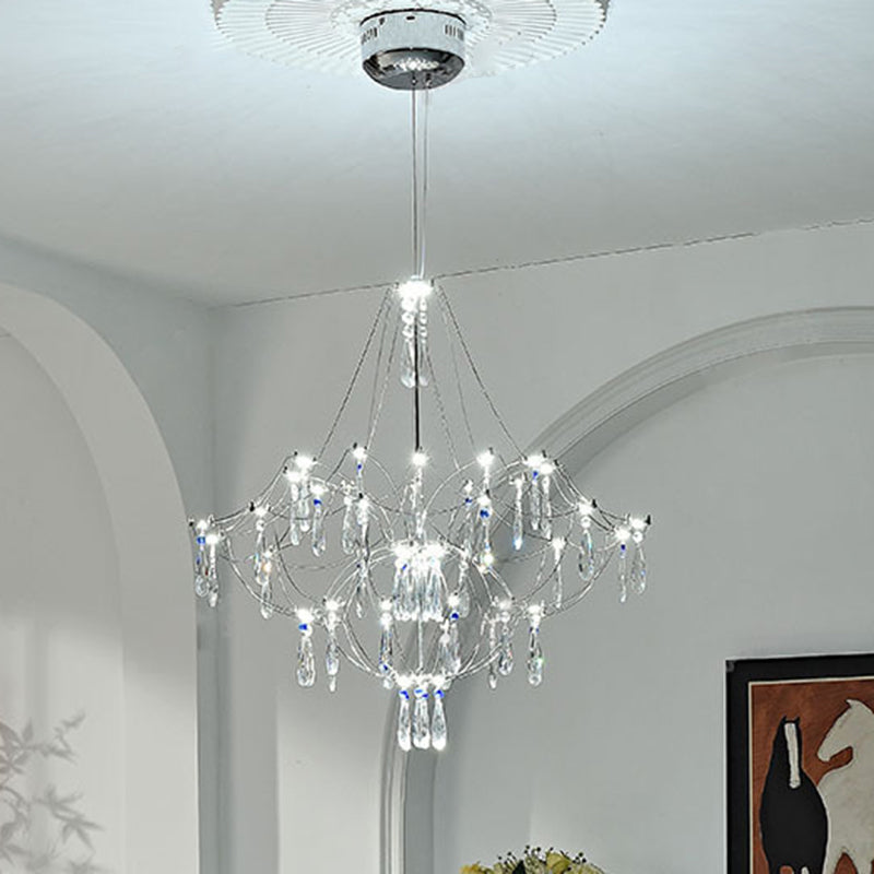 Traditionelle französische Kuppelzweig-Wassertropfen-Kristall-Edelstahl-Hardware-LED-Kronleuchter für Wohnzimmer 
