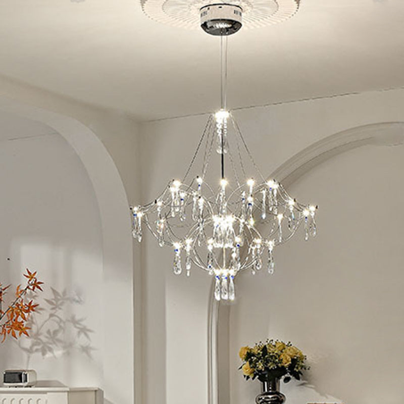 Traditionelle französische Kuppelzweig-Wassertropfen-Kristall-Edelstahl-Hardware-LED-Kronleuchter für Wohnzimmer 