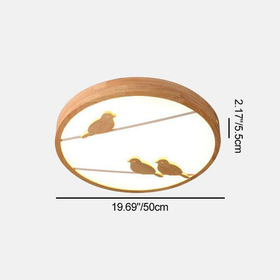 Contemporary Nordic Round Birds Acrylic Rubber Wood LED Flush Mount Ceiling Light For Bedroom